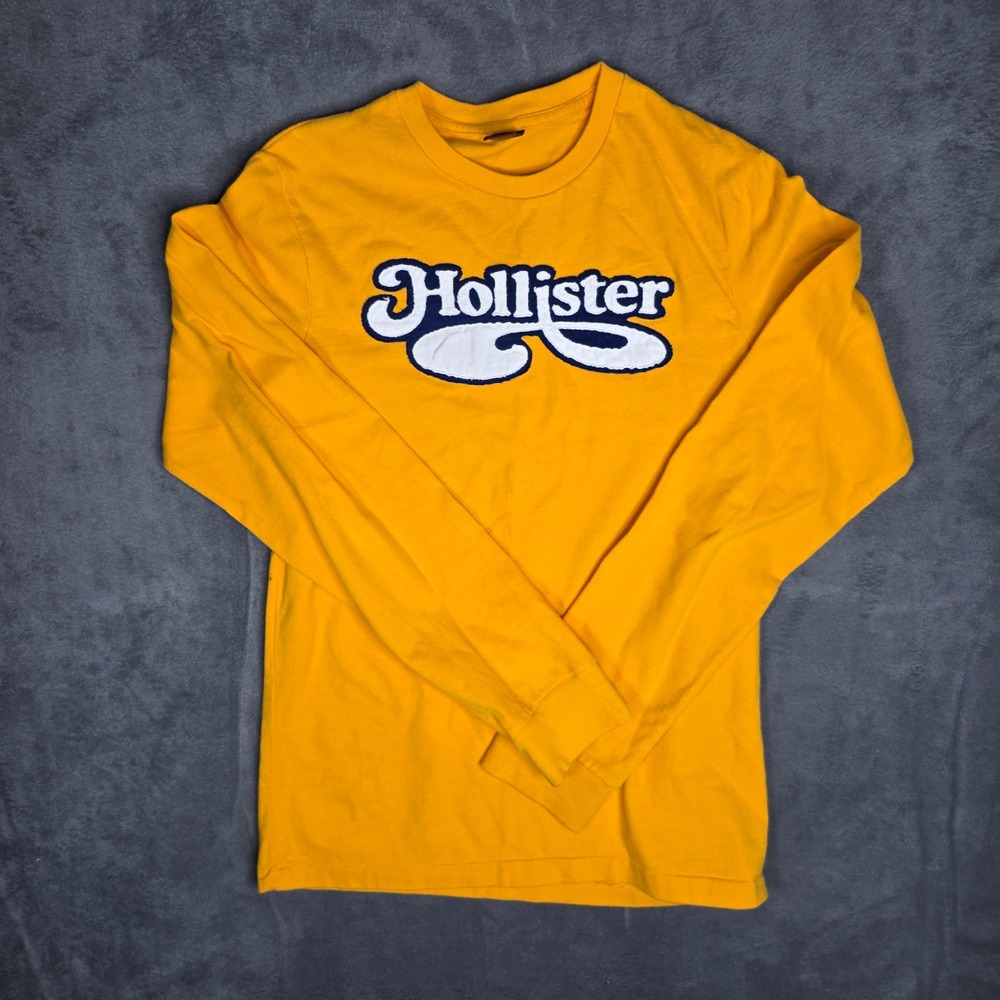 Hollister Mens Long Sleeve Graphic T-Shirt Yellow Y2K Logo Cotton Small